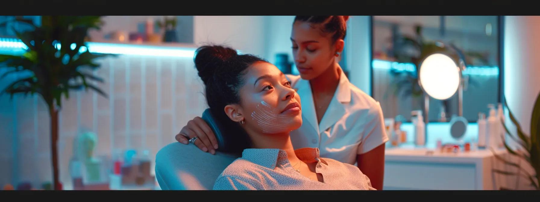 inside a modern, chic salon in queens, nyc, a confident aesthetician demonstrates sugar waxing on a client in a warmly lit treatment room, showcasing a blend of professionalism and community trust that emphasizes effective and skin-friendly hair removal techniques.