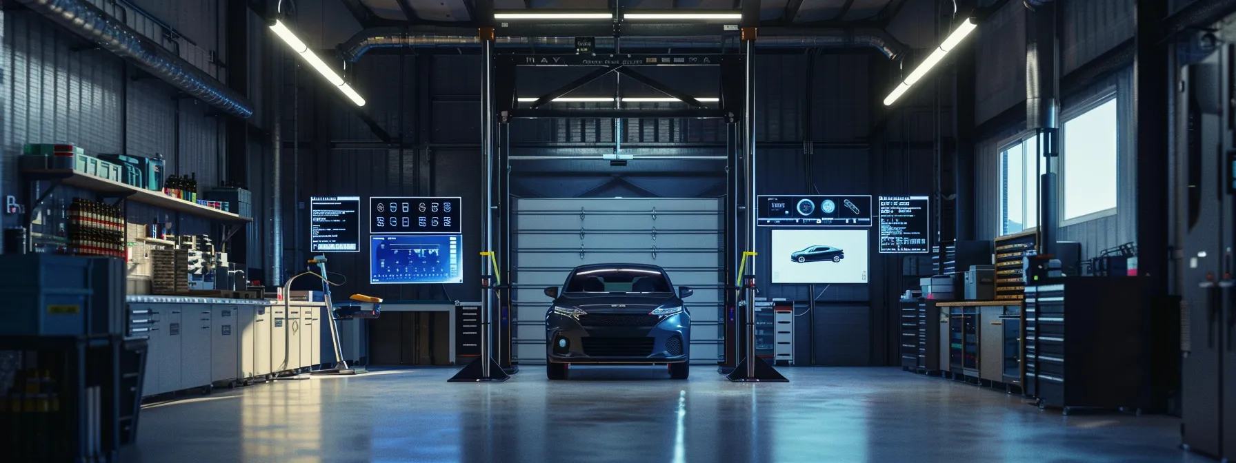 Choosing the Right Two Post Car Lift for Your Garage or Shop inside a sleek, modern mechanic shop, a polished two-post car lift stands prominently under bright, focused industrial lighting, surrounded by detailed financial charts and budgets displayed on digital screens, symbolizing the strategic analysis of budget and financing options for automotive equipment.