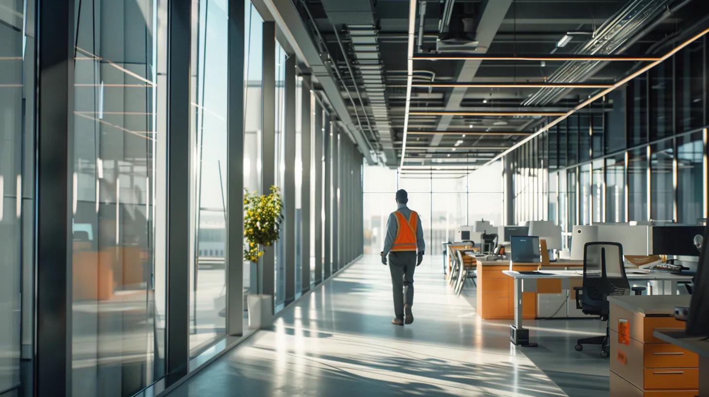 a highly detailed interior of a modern office space shows a professional inspecting a roof with a focus on advanced equipment and tools, emphasizing the importance of proactive maintenance and structural integrity during the intense july heat.