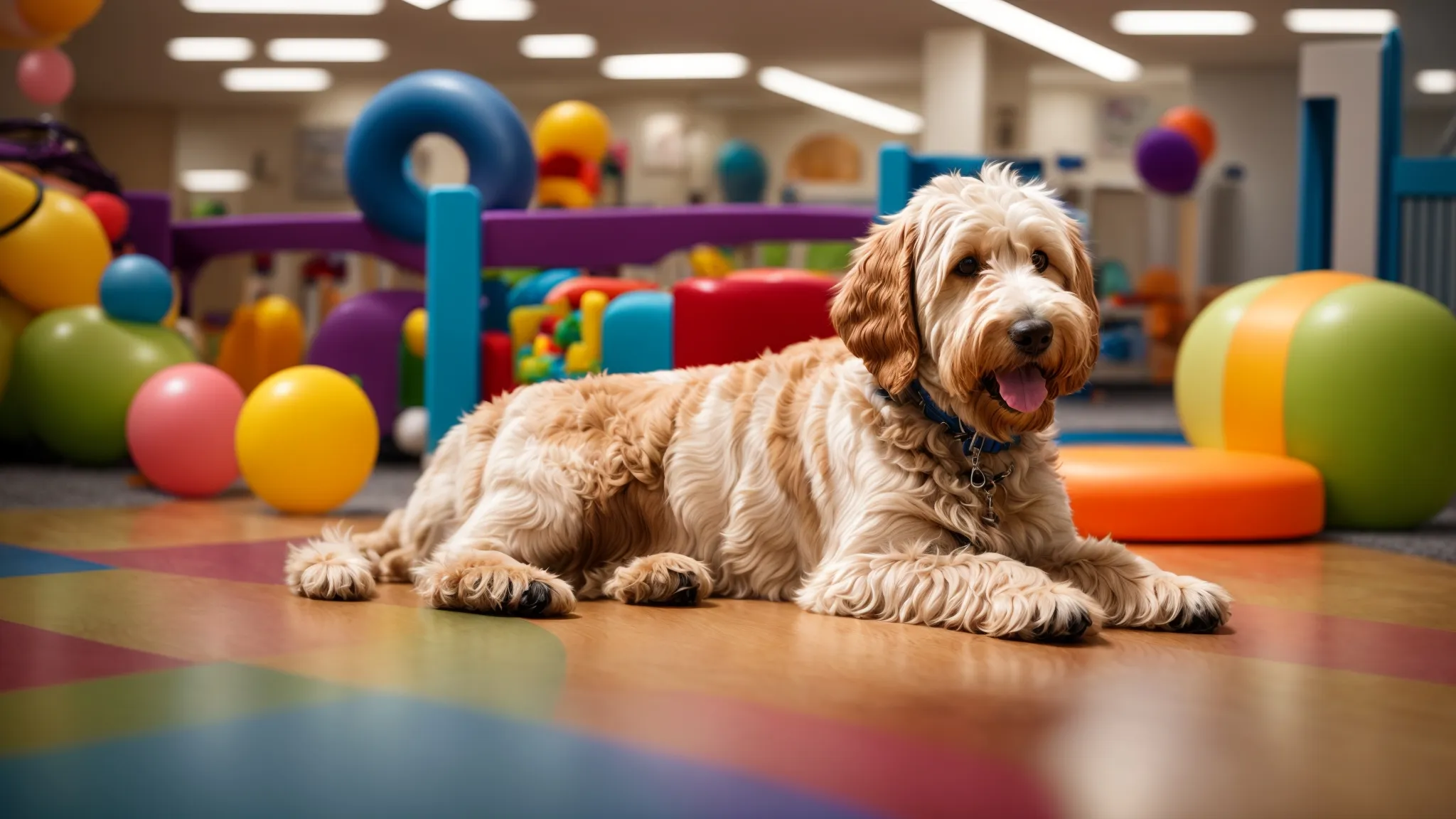 a joyful goldendoodle playfully interacts with other doodles and retrievers in a bright, spacious boarding facility filled with colorful toys and comfortable resting areas, highlighting the structured, nurturing environment.