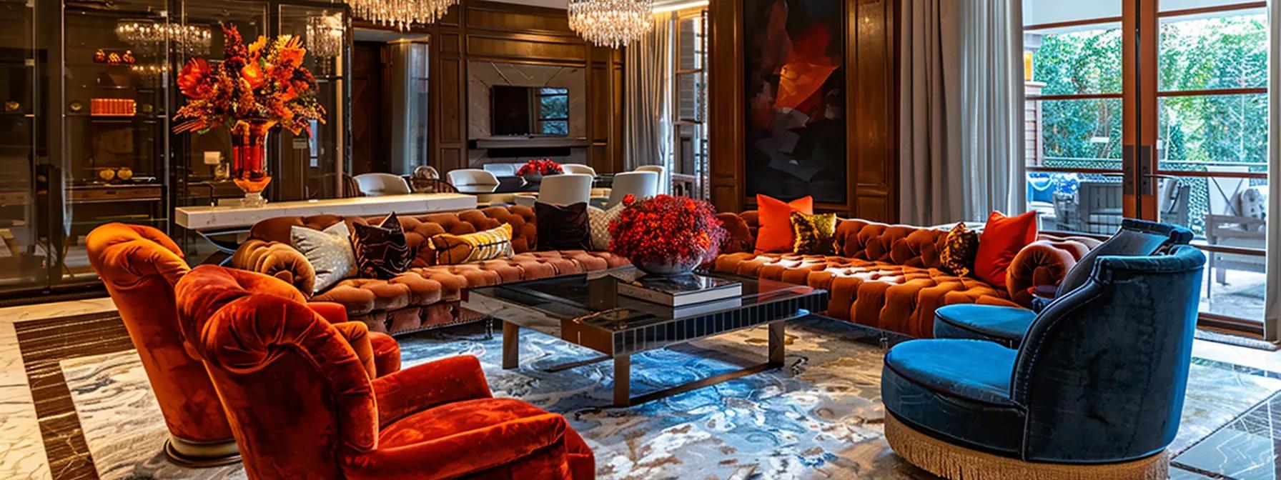 a lavish interior of an upscale buckhead home showcases bespoke luxury furniture artfully arranged, featuring rich marble, plush velvet, and warm wooden textures, illuminated by moody lighting that enhances the elegance of the designer finishes.