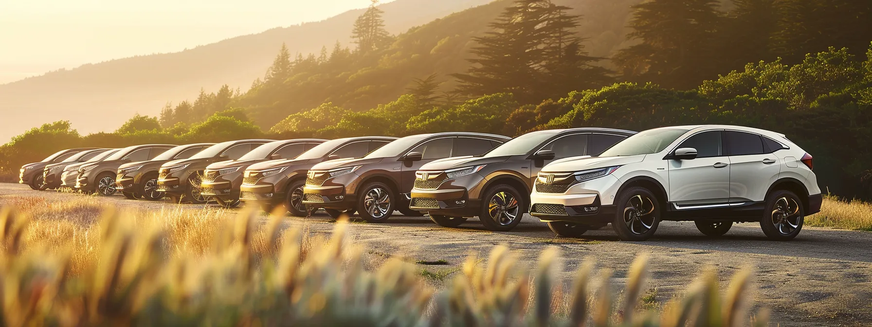 a lineup of honda suvs showcasing the sleek and modern designs of the cr-v and hr-v models, set against a backdrop of a scenic outdoor environment. a lineup of honda suvs showcasing the sleek and modern designs of the cr-v and hr-v models, set against a backdrop of a scenic outdoor environment.