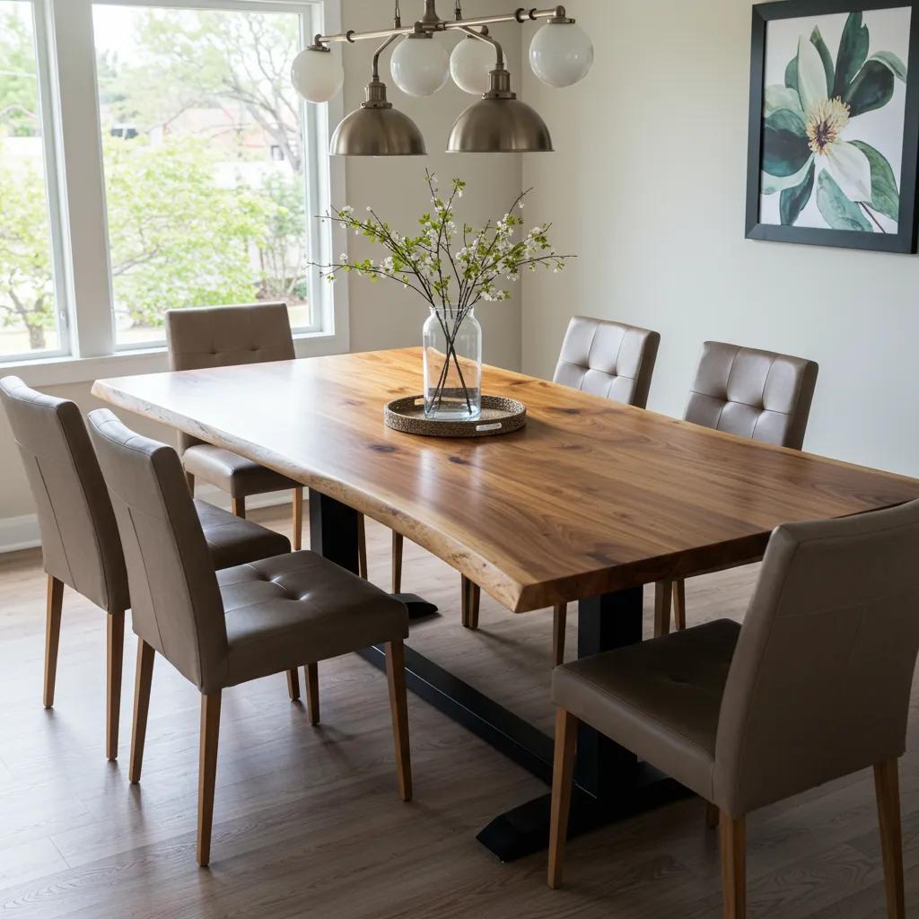 A stunning live edge slab table, highlighting its unique grain patterns, set in a modern dining room