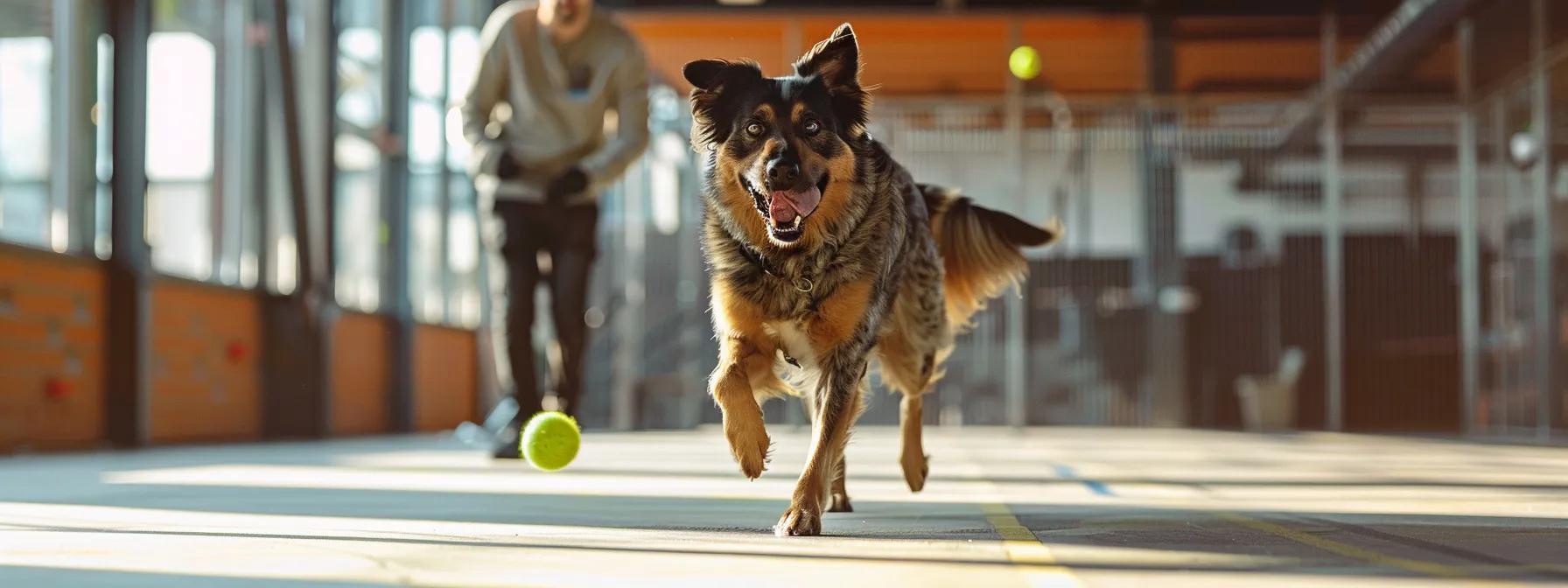 a lively indoor dog training facility showcases a large dog enthusiastically retrieving a bright yellow ball, with a trainer attentively supervising to ensure a safe and engaging fetch session. a lively indoor dog training facility showcases a large dog enthusiastically retrieving a bright yellow ball, with a trainer attentively supervising to ensure a safe and engaging fetch session.