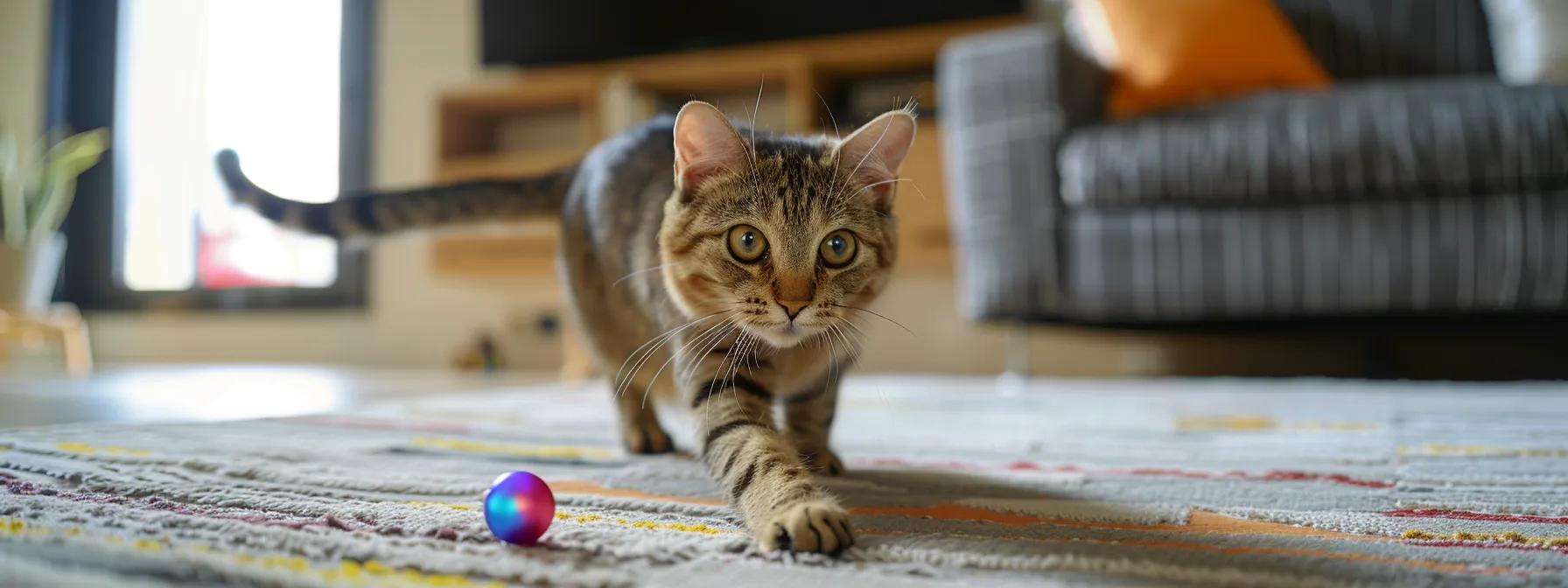 a lively indoor scene captures a playful cat energetically chasing a vibrant, darting laser dot across a stylish, modern living room, illustrating the excitement and engagement of mental and physical playtime. a lively indoor scene captures a playful cat energetically chasing a vibrant, darting laser dot across a stylish, modern living room, illustrating the excitement and engagement of mental and physical playtime.
