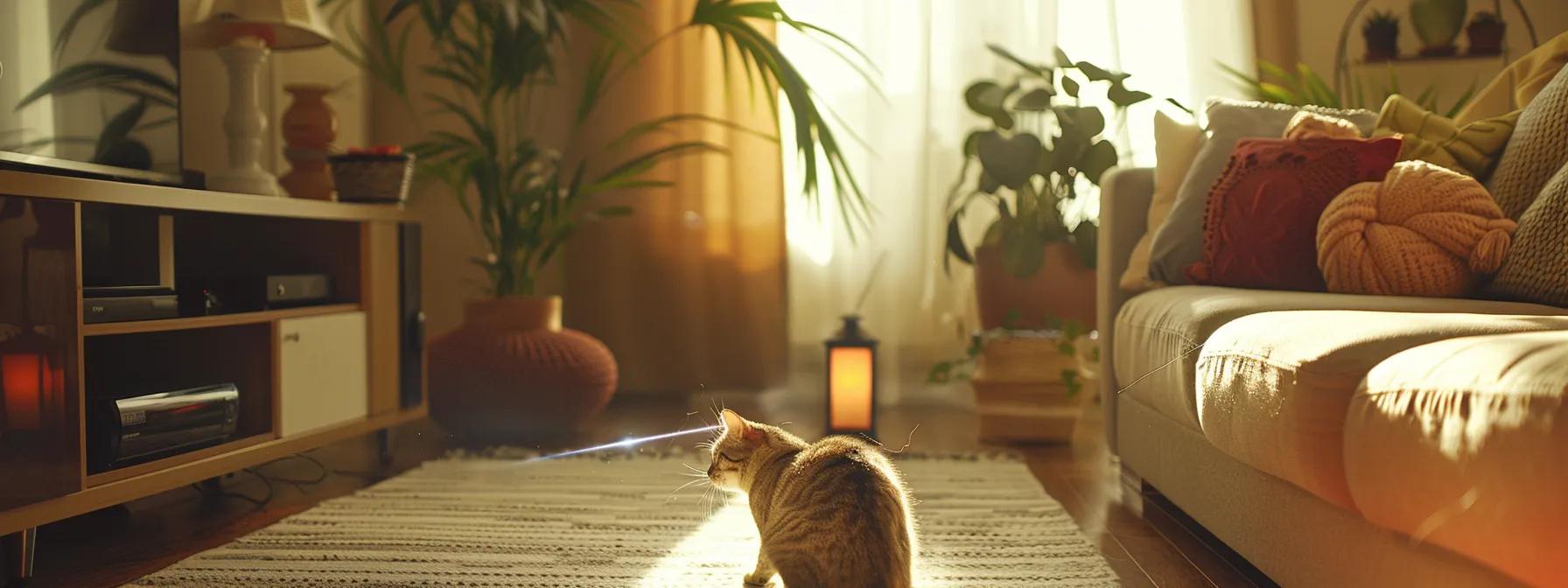 a lively indoor scene showcases a playful cat eagerly chasing a bright laser dot projected from a sleek, modern handheld laser pointer, highlighting the bond between pet and owner in a cozy, well-lit living room setting. a lively indoor scene showcases a playful cat eagerly chasing a bright laser dot projected from a sleek, modern handheld laser pointer, highlighting the bond between pet and owner in a cozy, well-lit living room setting.