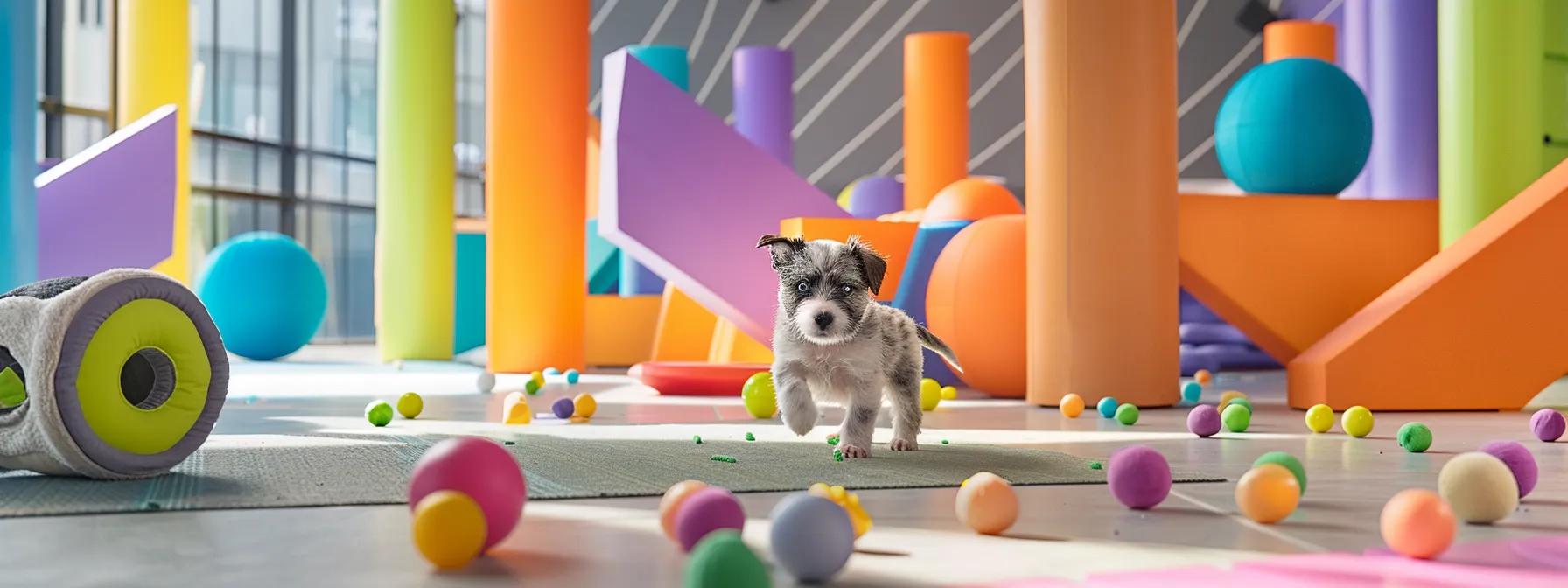 a lively, modern indoor pet play area showcases an array of colorful interactive dog toys engaging an exuberant puppy, illustrating the excitement and developmental benefits of play in an inviting and dynamic environment. a lively, modern indoor pet play area showcases an array of colorful interactive dog toys engaging an exuberant puppy, illustrating the excitement and developmental benefits of play in an inviting and dynamic environment.