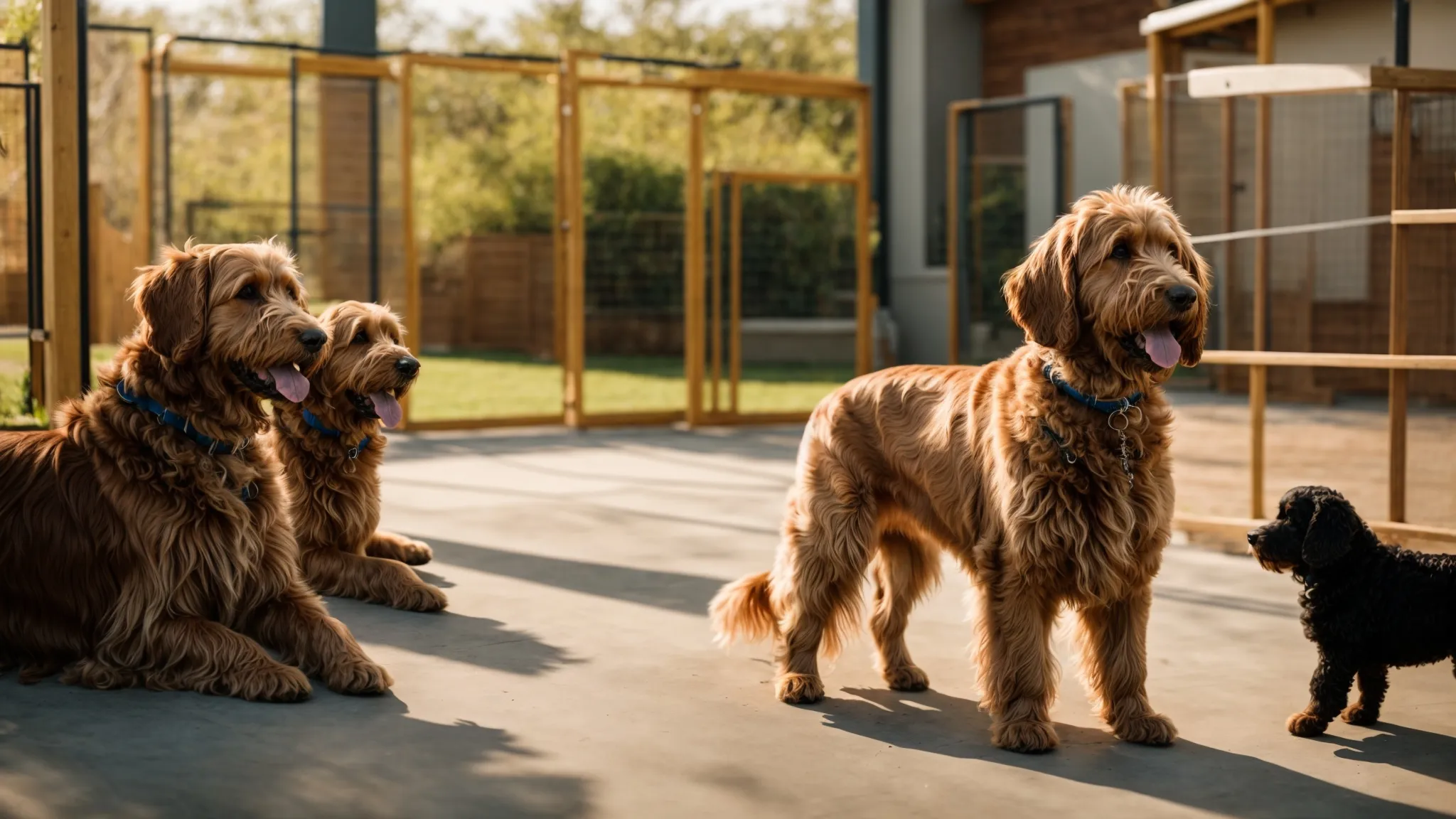 a lively scene captures a playful goldendoodle joyfully interacting with a group of friendly retrievers in a sunlit dog daycare, showcasing the importance of socialization and companionship for their well-being.
