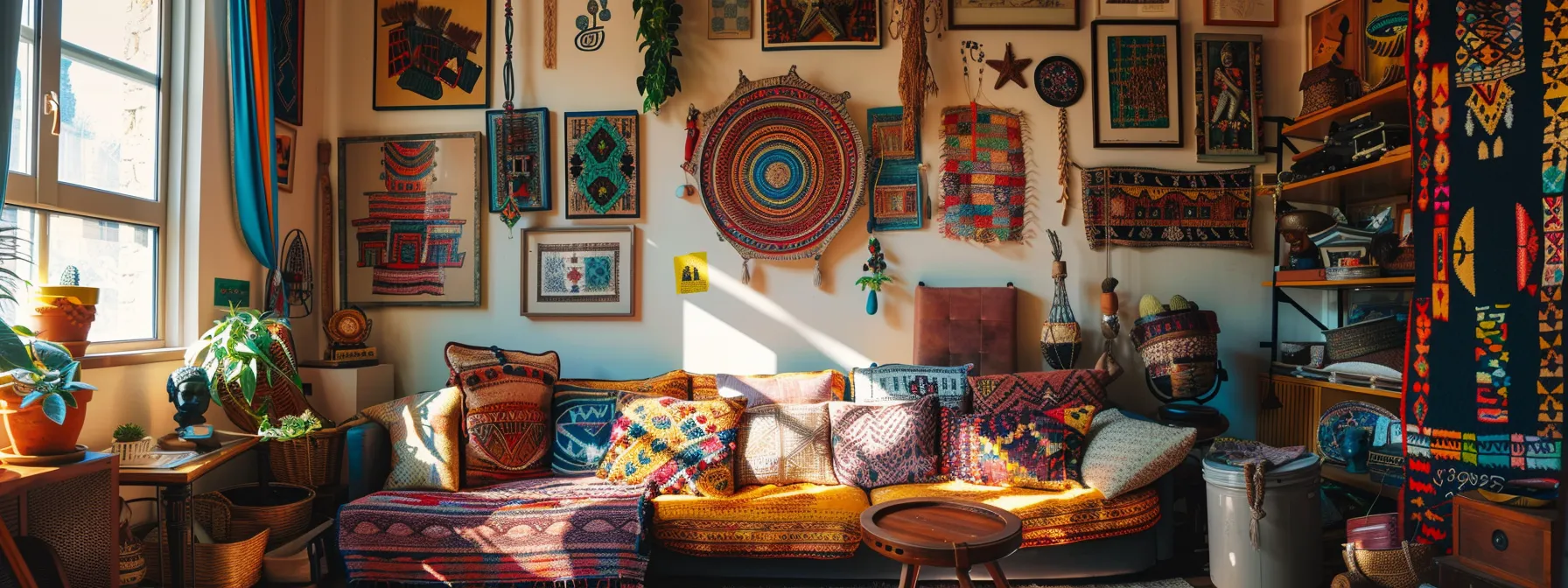 a living room adorned with colorful, intricate textiles, vibrant artwork, and eclectic decor pieces from around the world, creating a rich and diverse global-inspired aesthetic. a living room adorned with colorful, intricate textiles, vibrant artwork, and eclectic decor pieces from around the world, creating a rich and diverse global-inspired aesthetic.