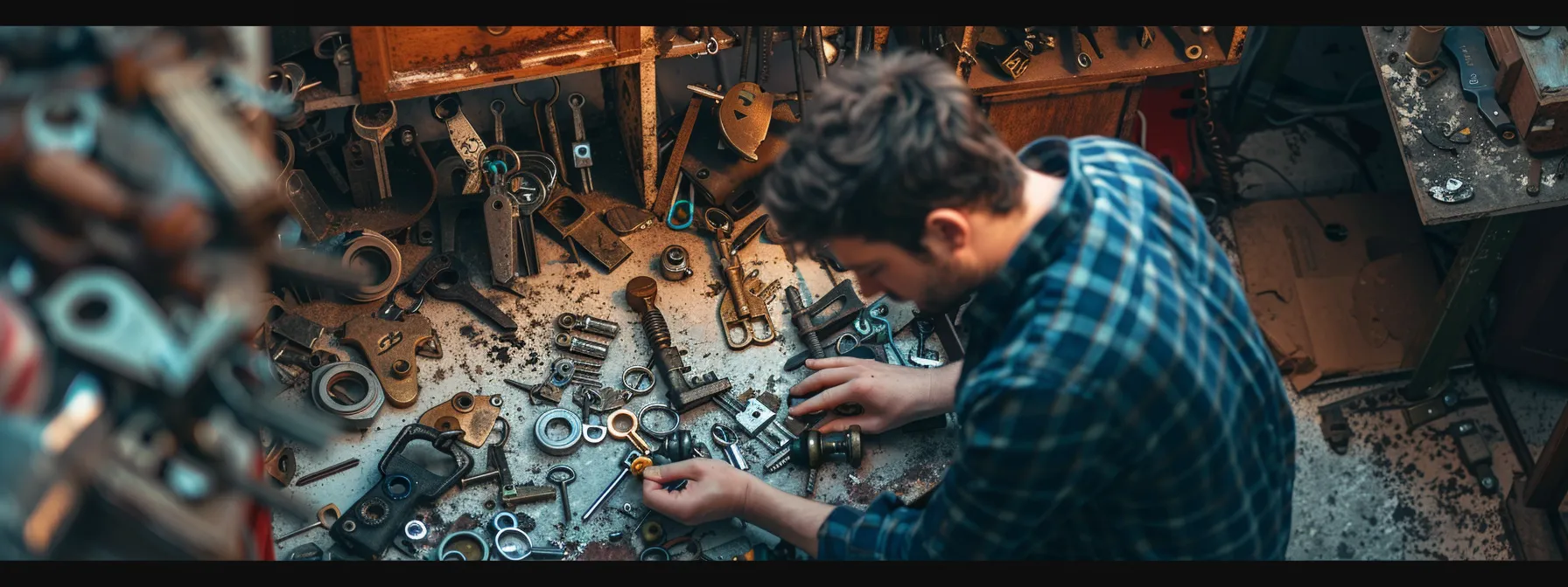 a locksmith examining a jammed barrel lock in Langwarrin, surrounded by various types of faulty door locks. a locksmith examining a jammed barrel lock in Langwarrin, surrounded by various types of faulty door locks.