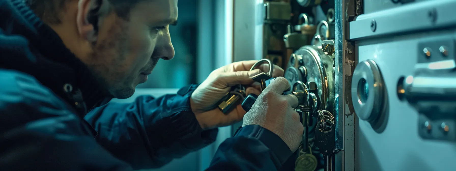a locksmith inspecting and servicing a high-security barrel lock on a door. a locksmith inspecting and servicing a high-security barrel lock on a door.