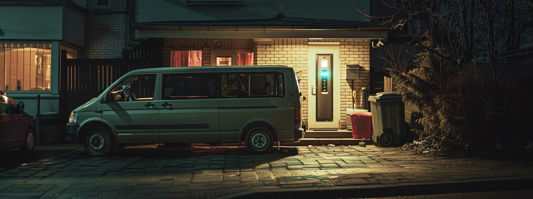 a locksmith's van parked outside a darkened house at night, with a glowing keypad lock illuminated in the foreground. a locksmith's van parked outside a darkened house at night, with a glowing keypad lock illuminated in the foreground.
