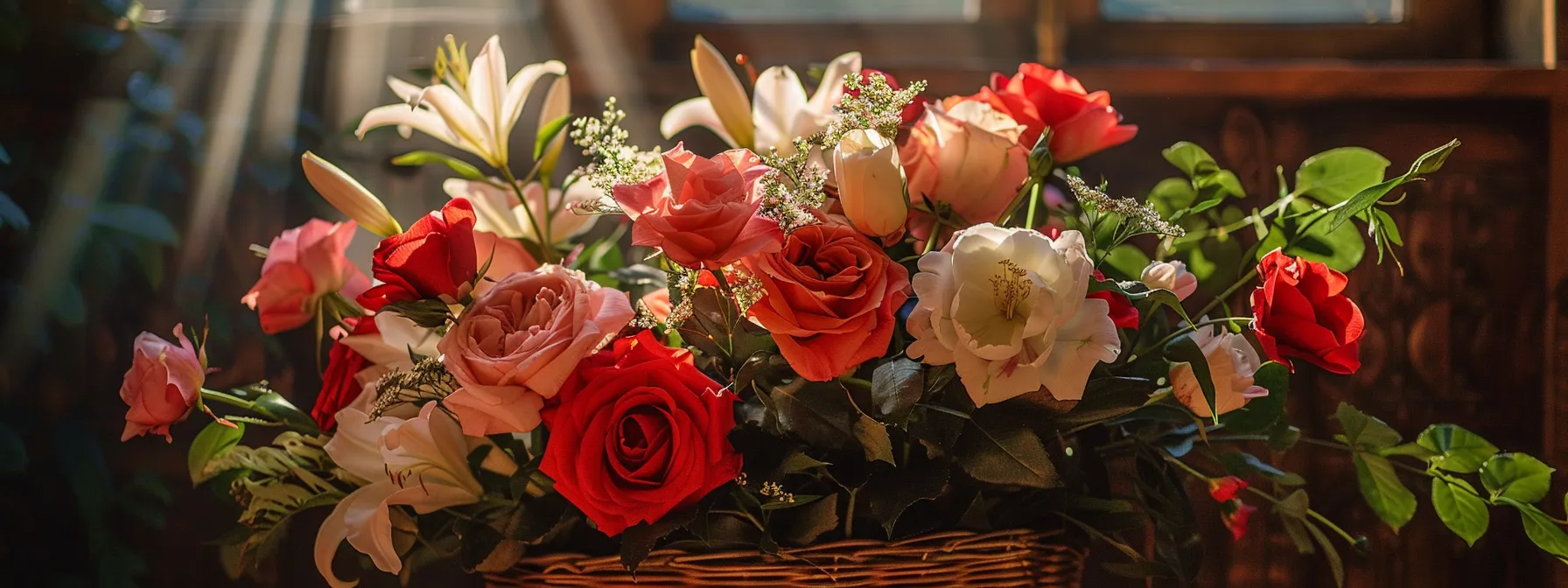 a lush bouquet of red roses, pink peonies, and white lilies, arranged in a rustic wicker basket, basking in the warm glow of sunlight. a lush bouquet of red roses, pink peonies, and white lilies, arranged in a rustic wicker basket, basking in the warm glow of sunlight.