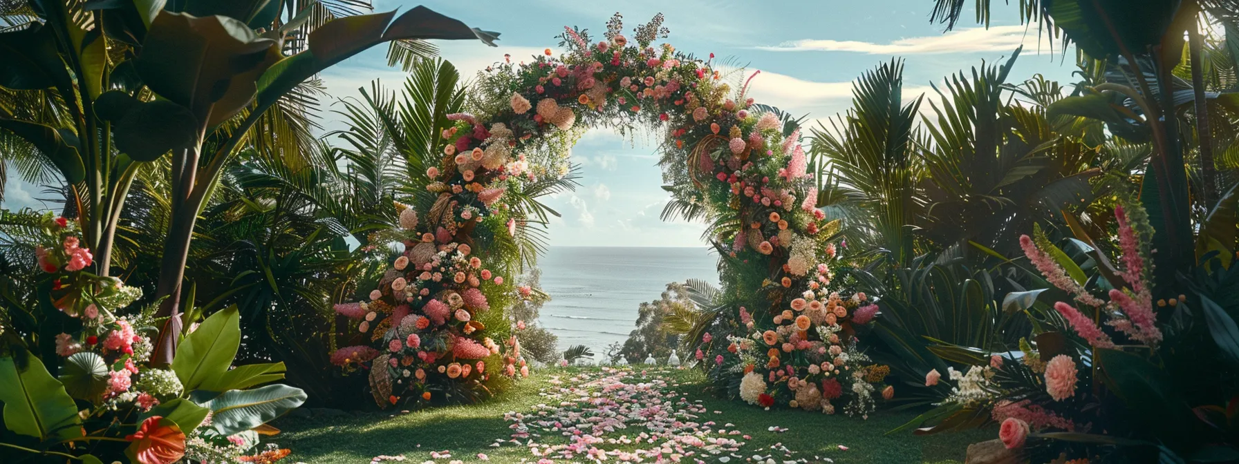 a lush floral archway intertwined with modern metallic accents, showcasing a blend of classic romance and contemporary elegance for a romantic wedding on the sunshine coast. a lush floral archway intertwined with modern metallic accents, showcasing a blend of classic romance and contemporary elegance for a romantic wedding on the sunshine coast.
