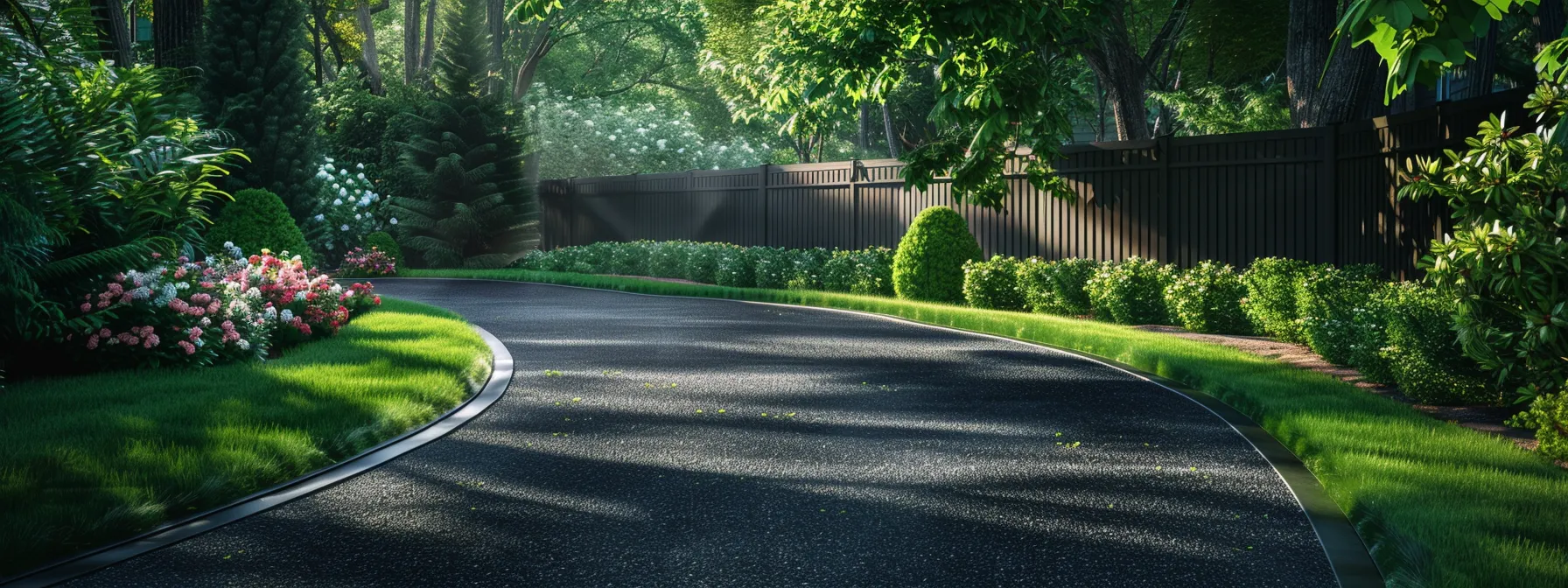 a lush, vibrant garden with a striking fence lining an impeccably maintained asphalt driveway, enhancing the curb appeal of a home. a lush, vibrant garden with a striking fence lining an impeccably maintained asphalt driveway, enhancing the curb appeal of a home.