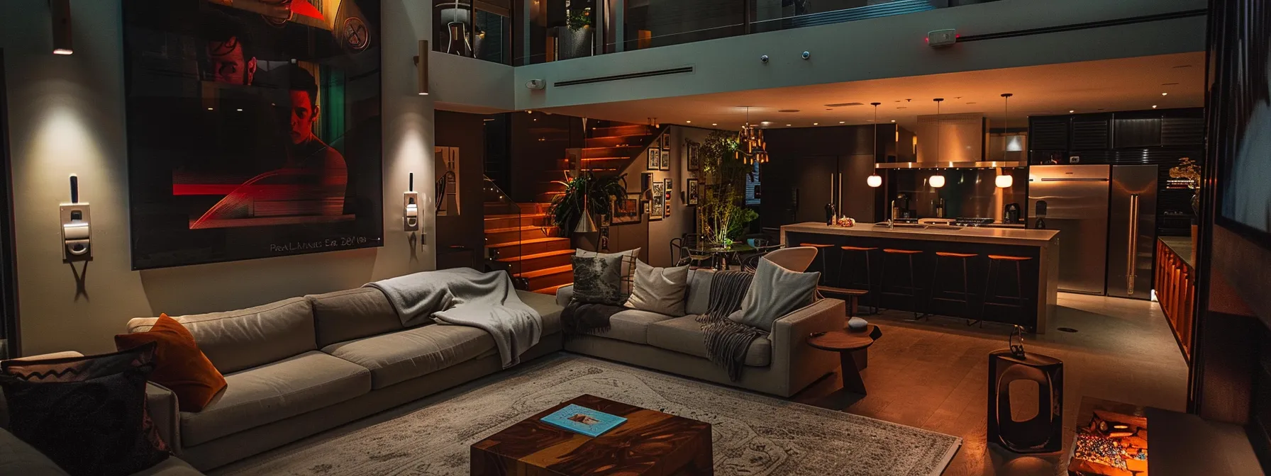 a luxurious airbnb property interior with modern furnishings and pristine decor, featuring stylish safety installations like smoke detectors and fire safety equipment, all exuding an inviting boutique atmosphere that reinforces high standards for guest safety and comfort.