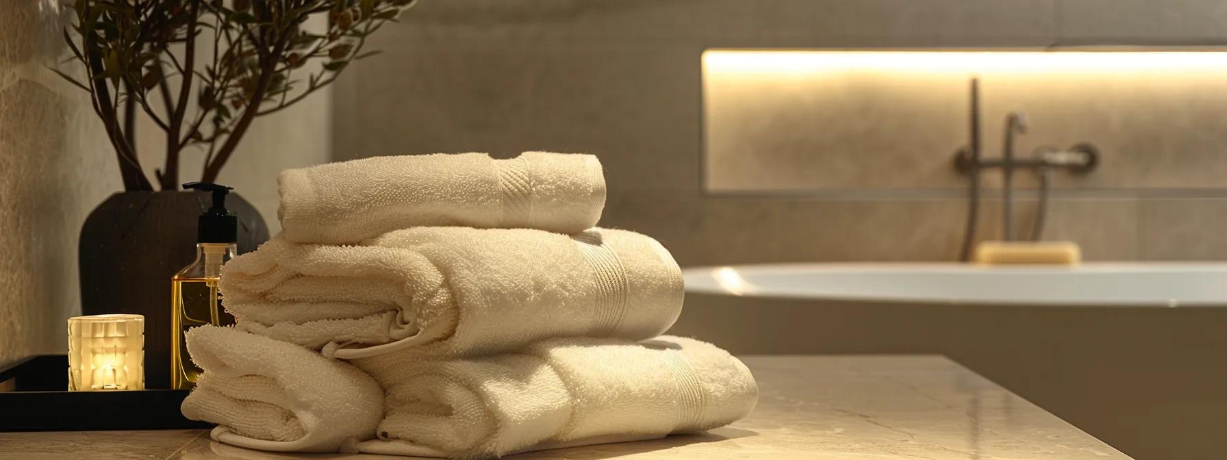 a luxurious bathroom setting showcases an elegantly arranged stack of plush, vibrant rifz towels, each radiating a sense of indulgent softness and inviting comfort against a backdrop of sleek, modern fixtures. a luxurious bathroom setting showcases an elegantly arranged stack of plush, vibrant rifz towels, each radiating a sense of indulgent softness and inviting comfort against a backdrop of sleek, modern fixtures.