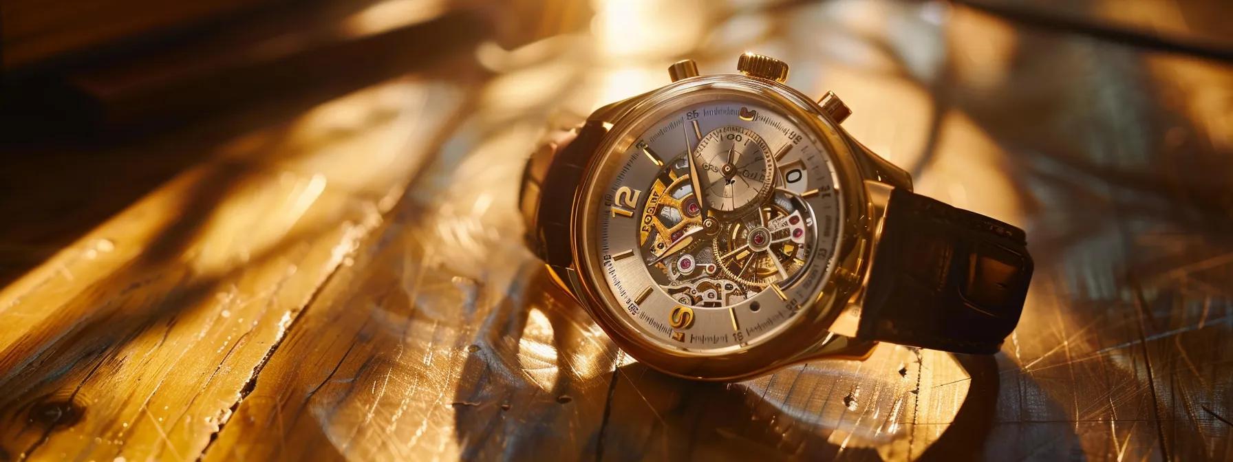 a luxurious blancpain watch is elegantly displayed on a polished wooden surface, showcasing its meticulously finished movement with intricate anglage and polished beveling under soft, focused studio lighting that highlights its craftsmanship and visual allure. a luxurious blancpain watch is elegantly displayed on a polished wooden surface, showcasing its meticulously finished movement with intricate anglage and polished beveling under soft, focused studio lighting that highlights its craftsmanship and visual allure.