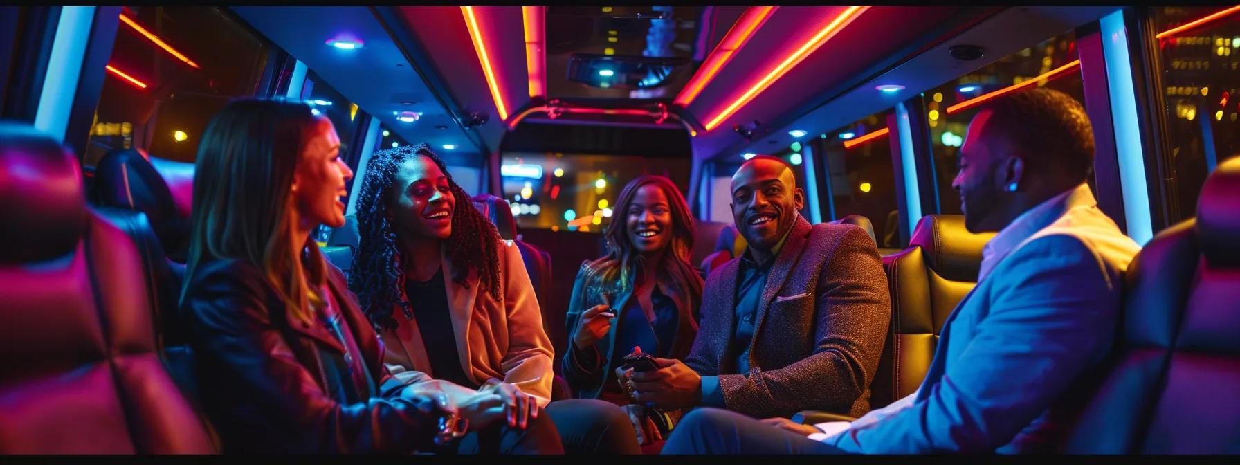 a luxurious charter bus interior is vividly showcased, featuring plush seating and modern amenities, as a diverse group of friends excitedly discusses their upcoming trip, set against the sleek backdrop of a vibrant urban night. a luxurious charter bus interior is vividly showcased, featuring plush seating and modern amenities, as a diverse group of friends excitedly discusses their upcoming trip, set against the sleek backdrop of a vibrant urban night.