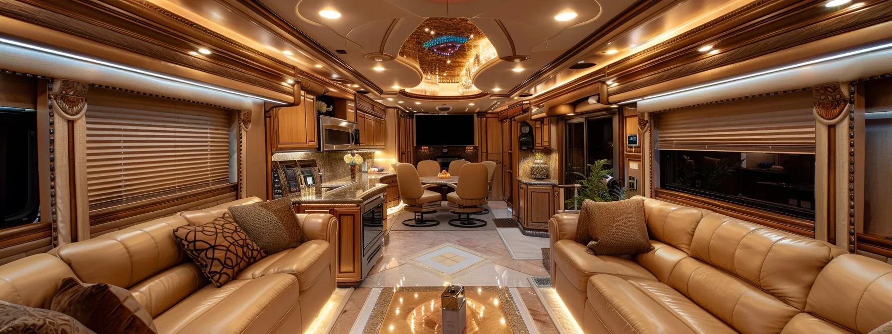a luxurious charter bus interior showcases plush seating, elegant lighting, and high-end amenities, capturing the essence of comfort and sophistication for passengers embarking on their journeys. a luxurious charter bus interior showcases plush seating, elegant lighting, and high-end amenities, capturing the essence of comfort and sophistication for passengers embarking on their journeys.