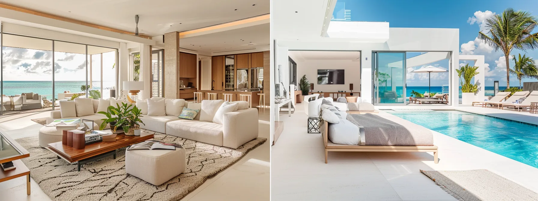a luxurious coastal airbnb interior showcases bright, modern furnishings and stylish decor, featuring immaculate spaces tailored for guest experiences, with a vibrant atmosphere inviting engagement and relaxation against a backdrop of picturesque, sunlit terraces.