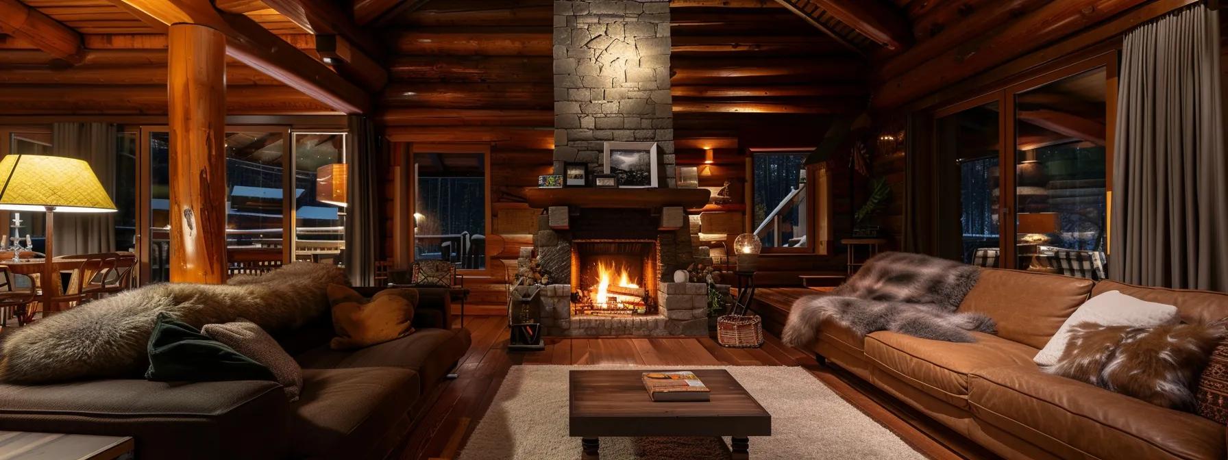 a luxurious, elegantly appointed romantic lodge interior, featuring soft ambient lighting, plush furnishings, a cozy fireplace, and intimate decor, contrasting with a spacious, practical standard cabin rental showcasing a functional layout and family-friendly amenities.