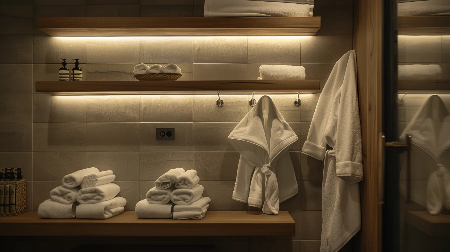 a luxurious hotel bathroom is elegantly adorned with plush white bath towels and soft, inviting robes draped gracefully on a polished wooden rack, illuminated by warm, ambient lighting that creates an inviting and serene atmosphere.