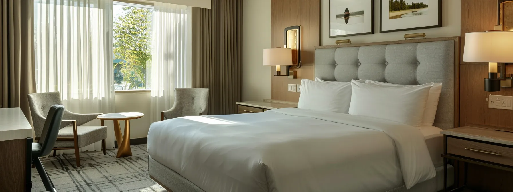 a luxurious, impeccably organized airbnb bedroom showcases hotel-quality linens, minimalist decor, and a methodically arranged cleaning checklist, reflecting the high standards of efficient turnover cleaning in a bright and modern coastal setting.
