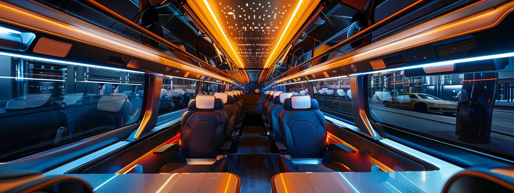 a luxurious interior of a modern bus, featuring plush seating, elegant lighting, and advanced technology, set within a sleek urban environment to highlight its premium amenities for distinctive travel experiences. a luxurious interior of a modern bus, featuring plush seating, elegant lighting, and advanced technology, set within a sleek urban environment to highlight its premium amenities for distinctive travel experiences.