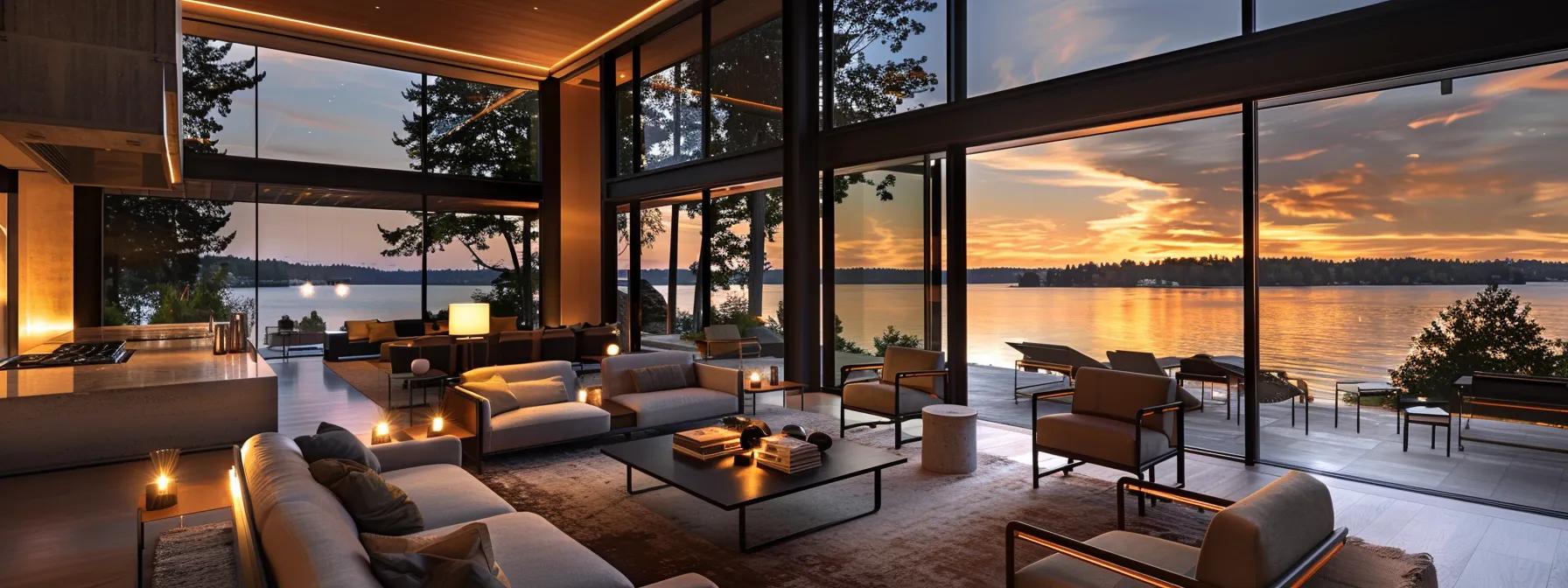 a luxurious lakefront living space features contemporary custom furniture designed from natural materials, seamlessly integrating innovative technology, set against an expansive view of tranquil waters under soft, ambient lighting. a luxurious lakefront living space features contemporary custom furniture designed from natural materials, seamlessly integrating innovative technology, set against an expansive view of tranquil waters under soft, ambient lighting.