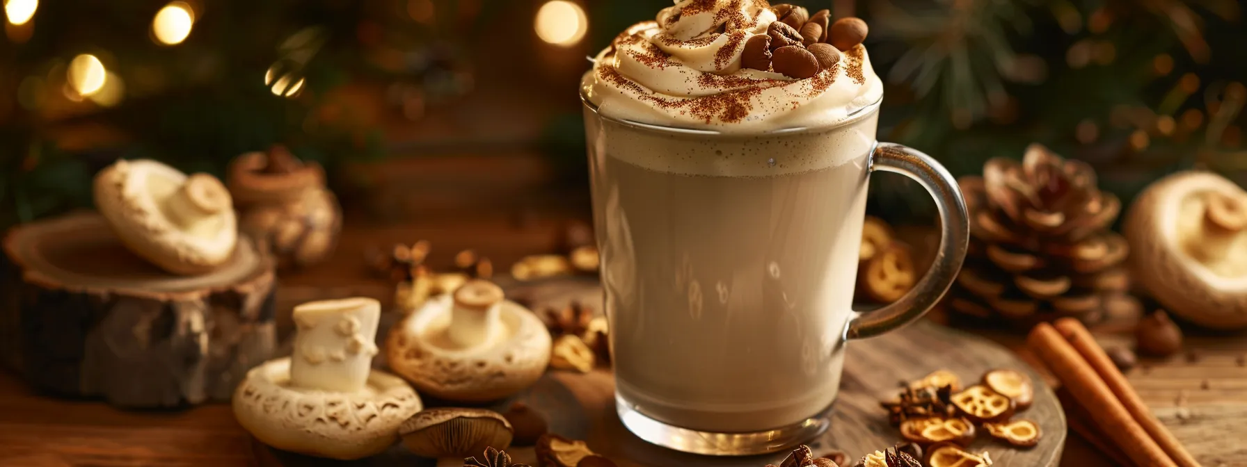 a luxurious latte topped with a creamy swirl, adorned with vibrant mushroom powders in rich earthy tones, set against a warm, inviting café backdrop that highlights the natural wellness benefits of mushroom coffee additives.