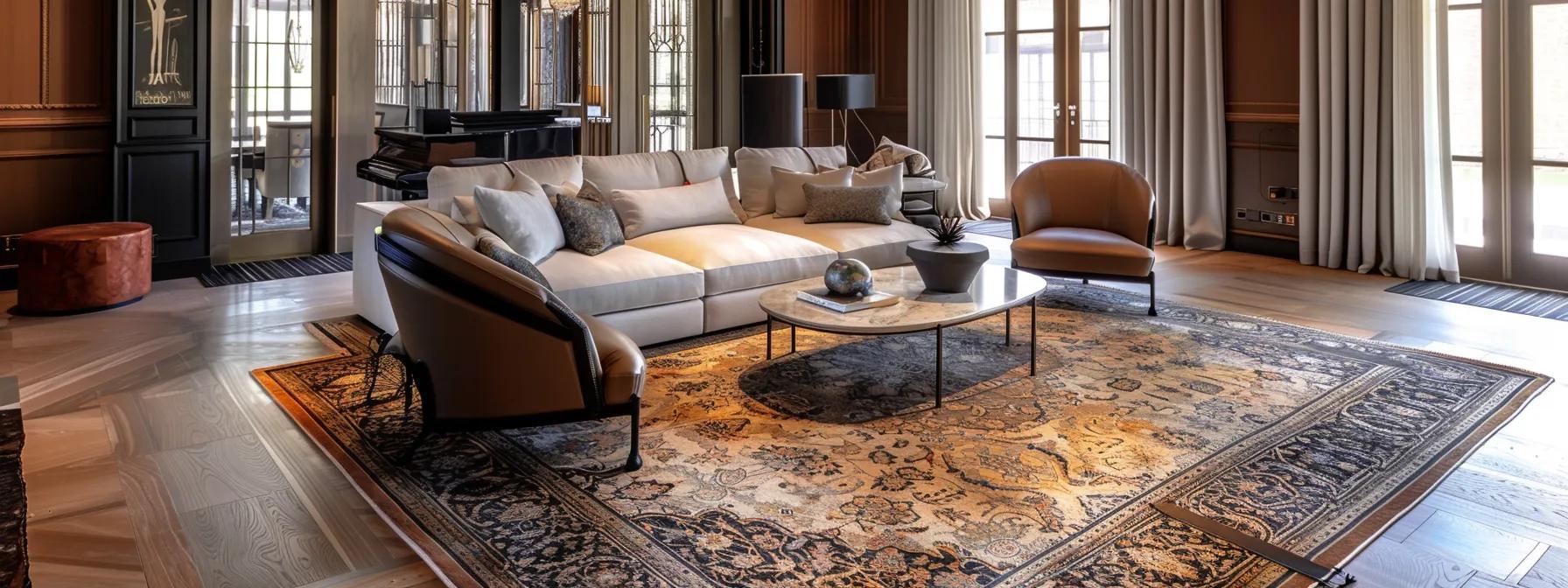 Luxurious living room featuring a plush sectional sofa, decorative pillows, a marble coffee table, and an ornate area rug, emphasizing the importance of maintaining rug vibrancy and integrity through professional cleaning services.