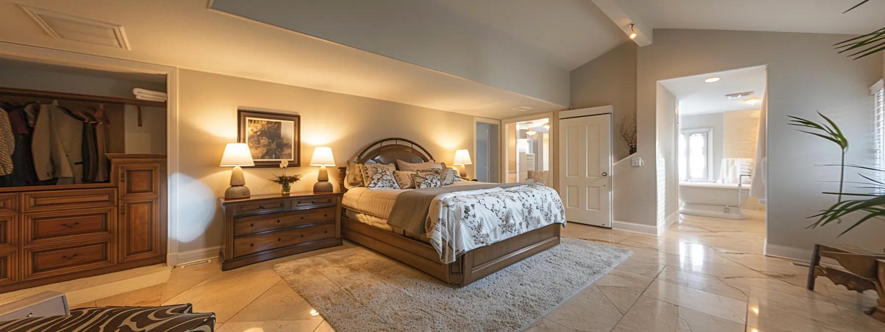 a luxurious master suite with a spacious bedroom, walk-in closet, and attached bathroom, creating a private and comfortable retreat within a modern home. a luxurious master suite with a spacious bedroom, walk-in closet, and attached bathroom, creating a private and comfortable retreat within a modern home.