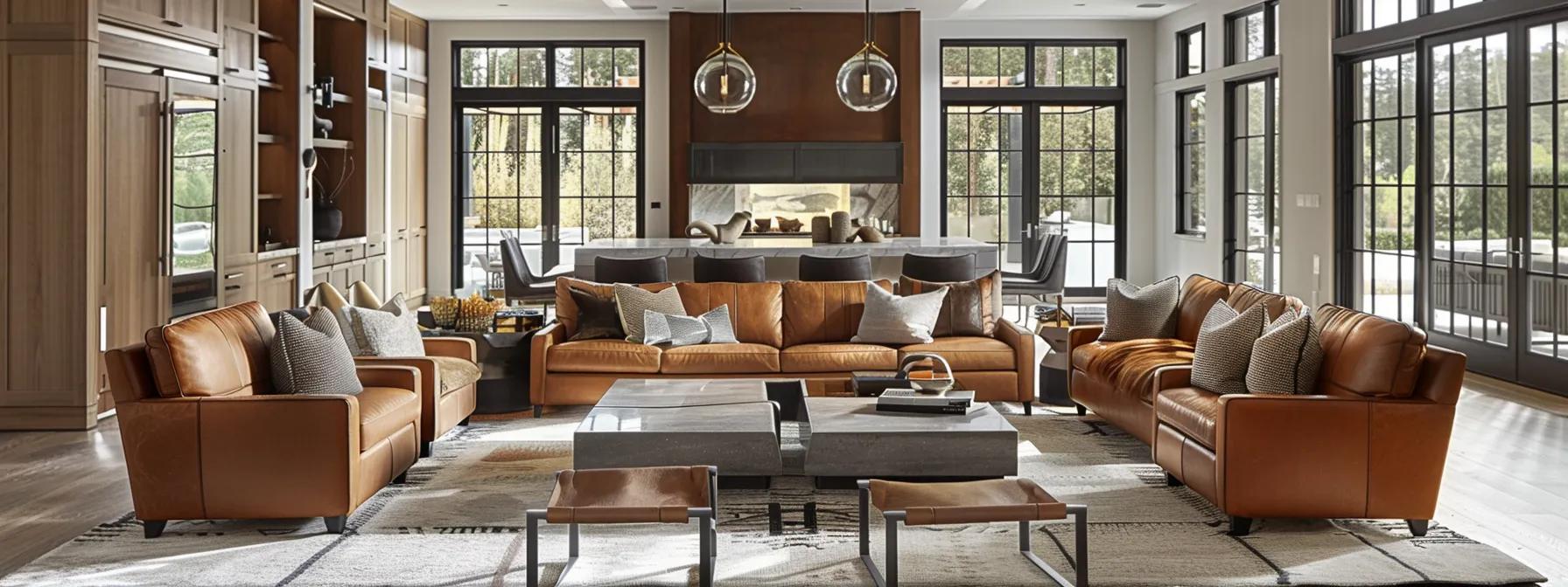 a luxurious open-concept living area showcases basilica furniture's custom creations, featuring a harmonious blend of premium leathers, richly grained wood, and finely finished metals, all accentuated by a soothing color palette and elegant handcrafted details. a luxurious open-concept living area showcases basilica furniture's custom creations, featuring a harmonious blend of premium leathers, richly grained wood, and finely finished metals, all accentuated by a soothing color palette and elegant handcrafted details.