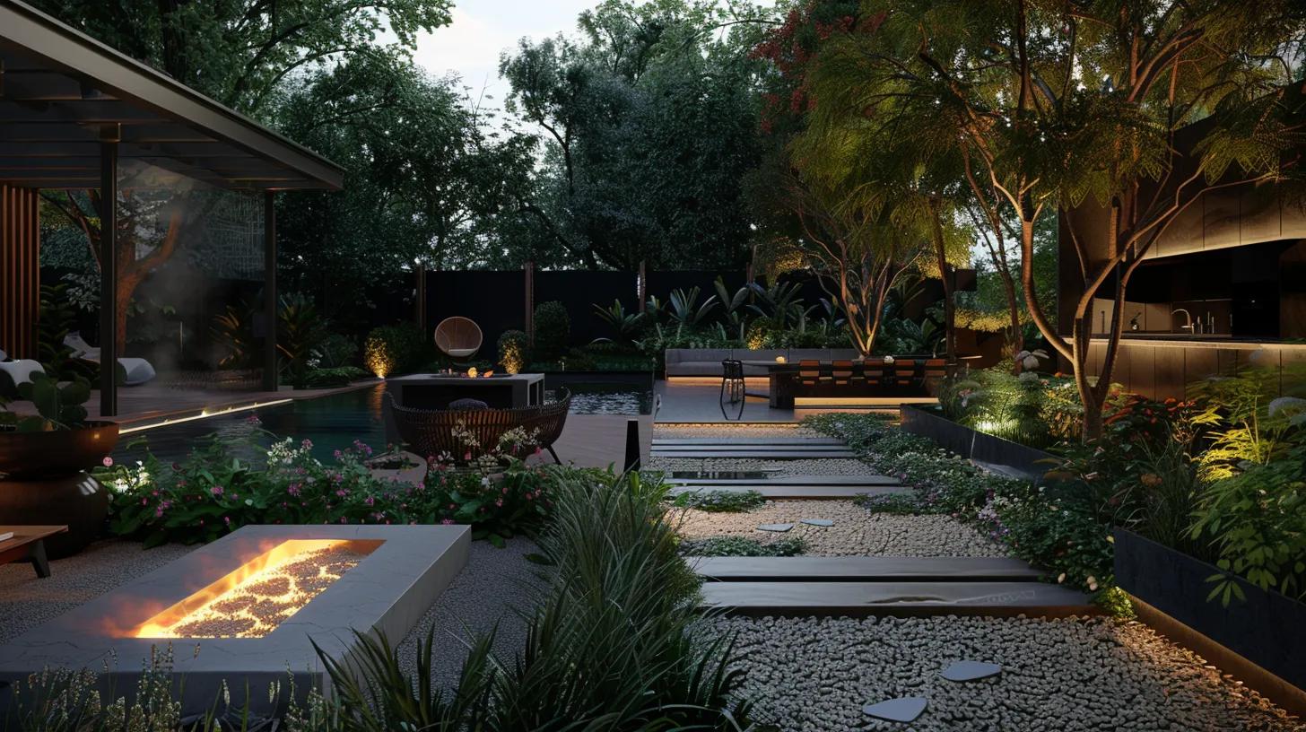 a luxurious outdoor living space features a modern kitchen with sleek glass accents, a cozy fire pit surrounded by elegant seating, and a serene swimming pool that glistens under soft sunset lighting, all seamlessly integrated into a lush landscaped garden. a luxurious outdoor living space features a modern kitchen with sleek glass accents, a cozy fire pit surrounded by elegant seating, and a serene swimming pool that glistens under soft sunset lighting, all seamlessly integrated into a lush landscaped garden.
