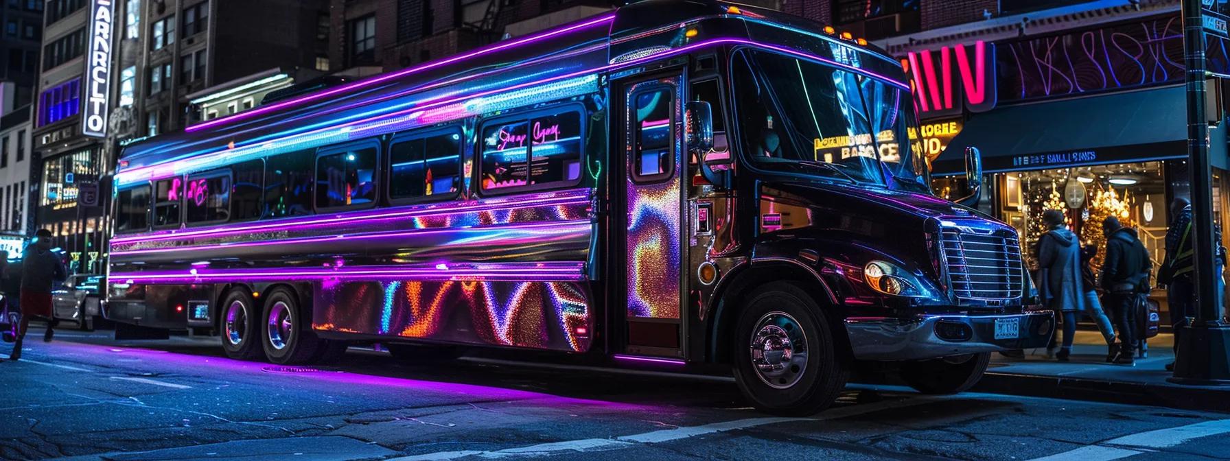 a luxurious party bus, elegantly decorated for a festive event, is parked in a bustling urban environment, showcasing vibrant lights and stylish interiors to entice potential renters.