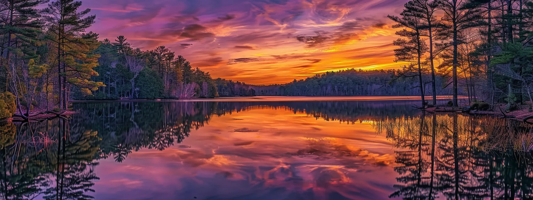 a majestic sunset casts vibrant hues of orange and purple across a serene lake, where the mirrored reflections of towering pine trees frame a peaceful shoreline. a majestic sunset casts vibrant hues of orange and purple across a serene lake, where the mirrored reflections of towering pine trees frame a peaceful shoreline.