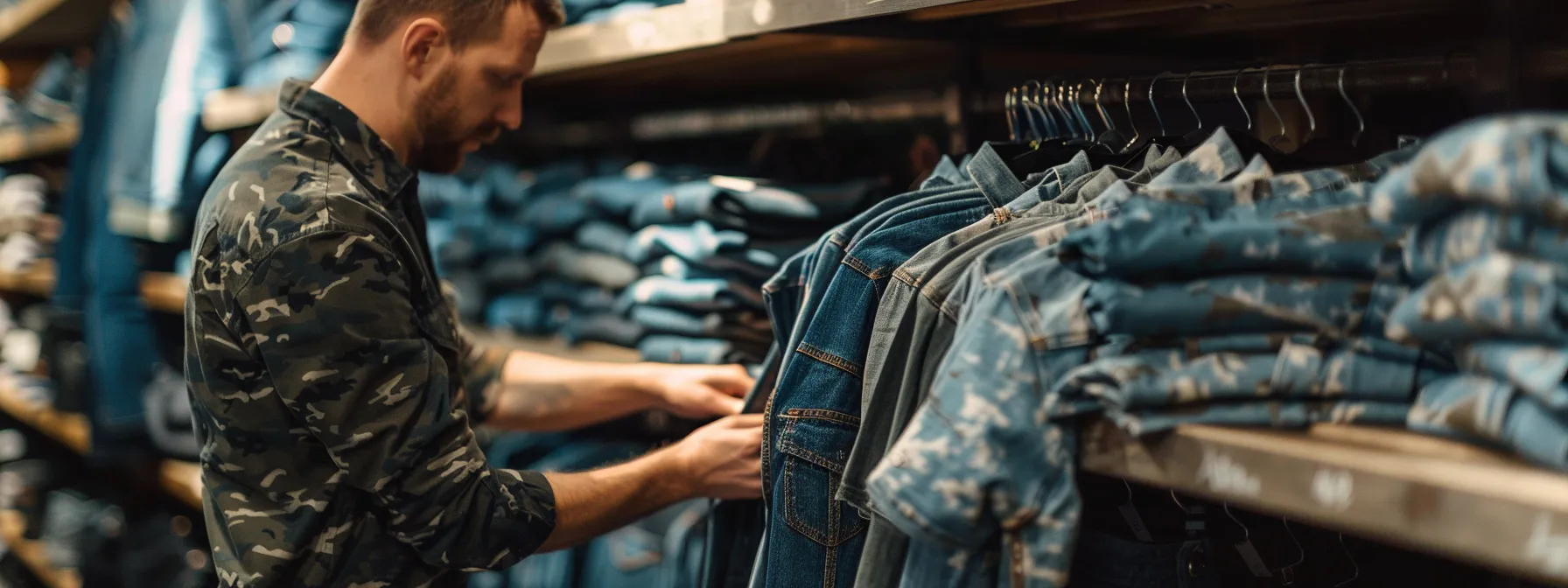 a man carefully examining a shelf of camo stacked jeans, feeling the thick denim material and analyzing the various camouflage patterns and colors to find the perfect pair for his personal style. a man carefully examining a shelf of camo stacked jeans, feeling the thick denim material and analyzing the various camouflage patterns and colors to find the perfect pair for his personal style.