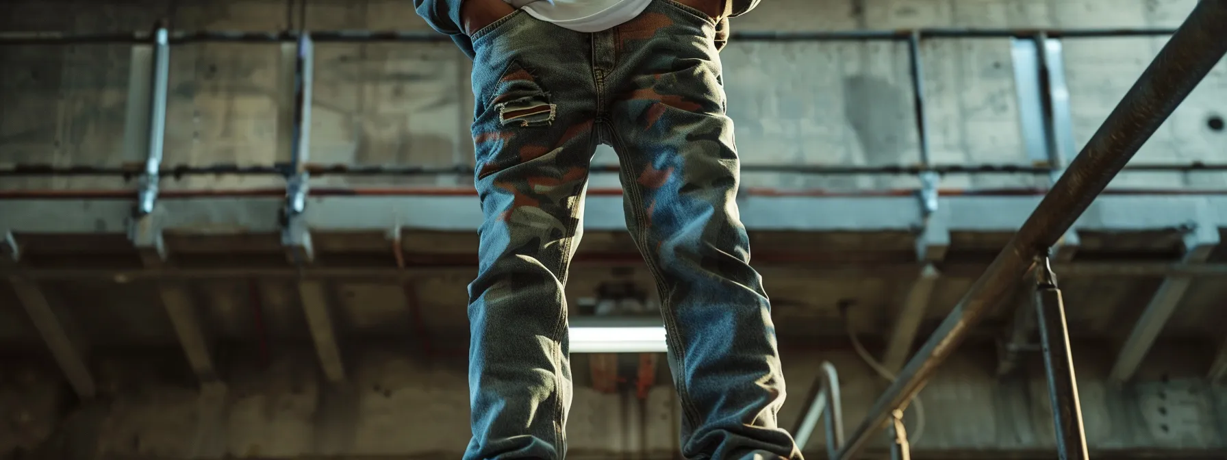 a man effortlessly styles camo stacked jeans with a classic t-shirt, hoodie, and sneakers, embodying a blend of urban flair and casual comfort. a man effortlessly styles camo stacked jeans with a classic t-shirt, hoodie, and sneakers, embodying a blend of urban flair and casual comfort.