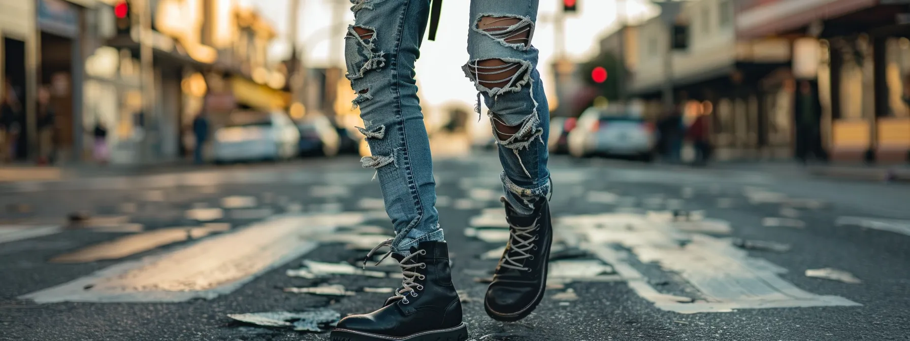 a man in distressed stacked jeans, paired with a graphic tee and ankle boots, confidently struts down a city street, showcasing the edgy and trendy fashion style. a man in distressed stacked jeans, paired with a graphic tee and ankle boots, confidently struts down a city street, showcasing the edgy and trendy fashion style.