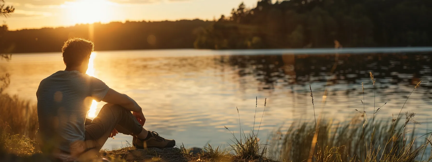 lifestyle image of a man sitting by a lake at sunset