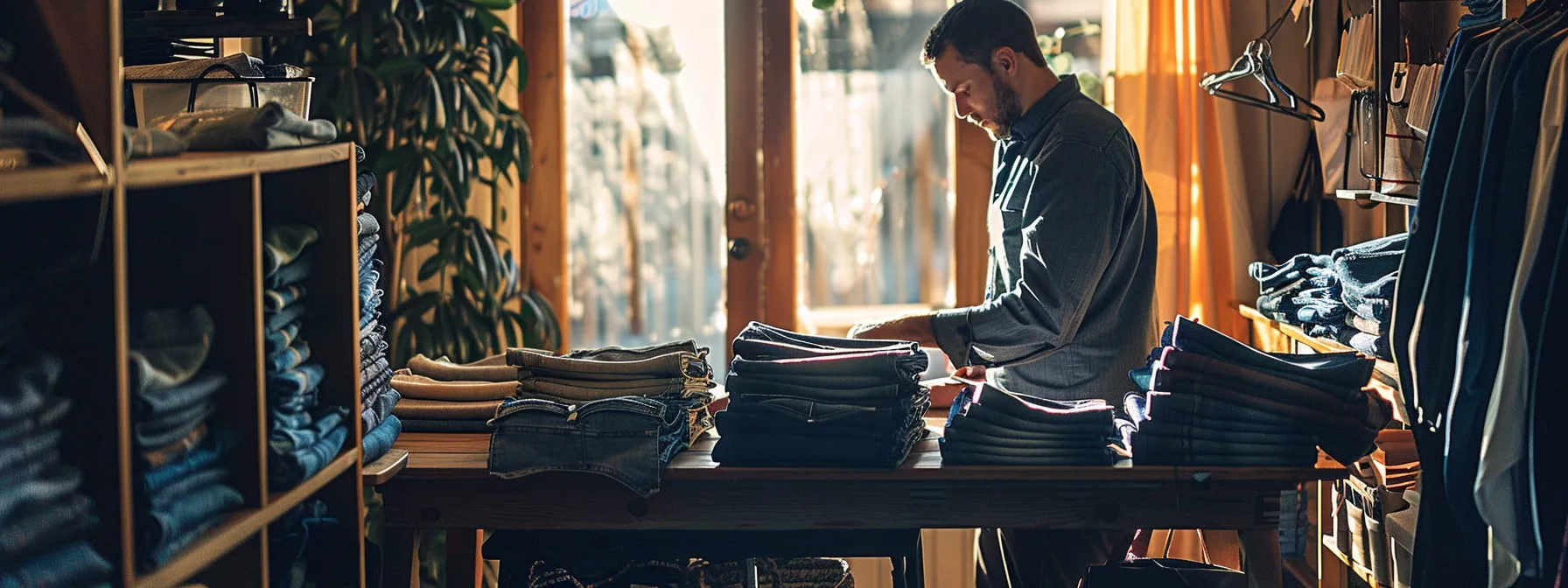 a man trying on various stacked jeans in a well-lit dressing room, carefully examining the fit and style to find the perfect pair. a man trying on various stacked jeans in a well-lit dressing room, carefully examining the fit and style to find the perfect pair.
