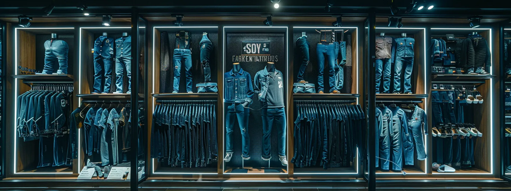 a mannequin display of slim and regular fit stacked jeans in varying lengths and fabric, showcasing customization options for the perfect modern look. a mannequin display of slim and regular fit stacked jeans in varying lengths and fabric, showcasing customization options for the perfect modern look.
