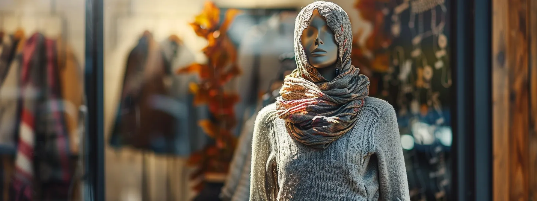 a mannequin wearing stacked pants in lightweight fabric, layered with a cozy sweater and accessorized with a scarf, showcasing seasonal styling tips for changing weather conditions. a mannequin wearing stacked pants in lightweight fabric, layered with a cozy sweater and accessorized with a scarf, showcasing seasonal styling tips for changing weather conditions.
