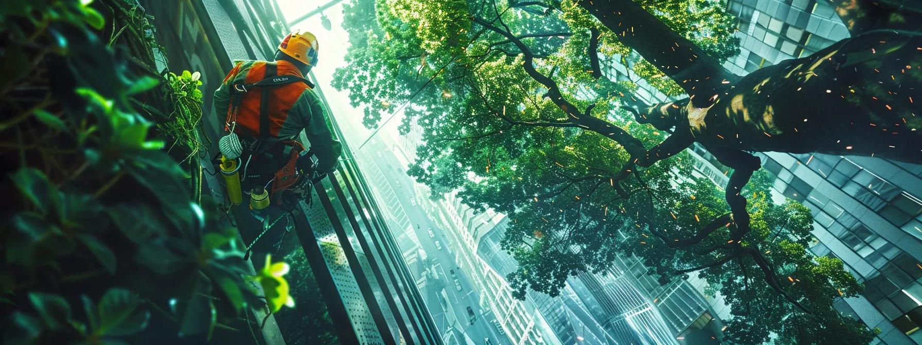 a meticulous arborist in an urban environment carefully examines a vibrant tree, equipped with professional pruning tools and a safety harness, while demonstrating the importance of proper tree care and maintenance. a meticulous arborist in an urban environment carefully examines a vibrant tree, equipped with professional pruning tools and a safety harness, while demonstrating the importance of proper tree care and maintenance.