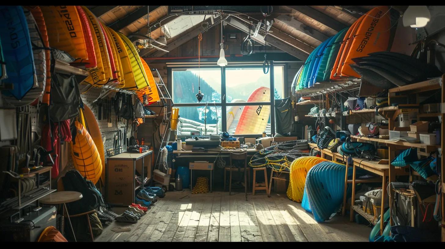 a meticulous paragliding gear maintenance workshop showcases a well-organized space with equipment neatly arranged, highlighting vibrant wings, harnesses, and maintenance tools under bright, focused lighting. a meticulous paragliding gear maintenance workshop showcases a well-organized space with equipment neatly arranged, highlighting vibrant wings, harnesses, and maintenance tools under bright, focused lighting.