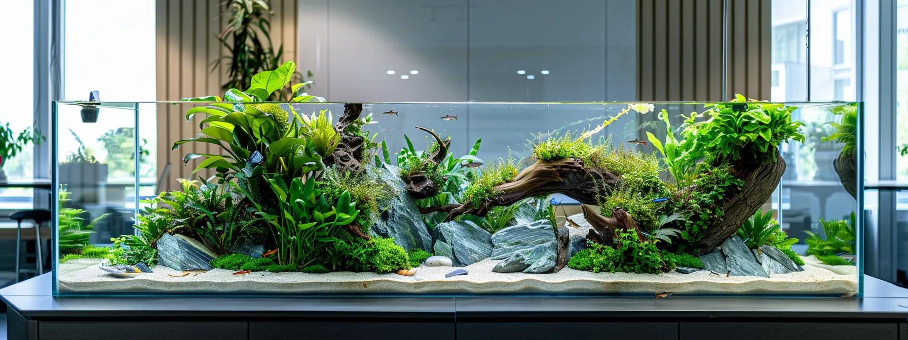 a meticulously arranged aquascape in a sleek, modern aquarium showcases a stable substrate with layered driftwood and rocks creating an artistic focal point, intricately paired with lush plants that provide a dynamic habitat for fish in an urban office setting. a meticulously arranged aquascape in a sleek, modern aquarium showcases a stable substrate with layered driftwood and rocks creating an artistic focal point, intricately paired with lush plants that provide a dynamic habitat for fish in an urban office setting.