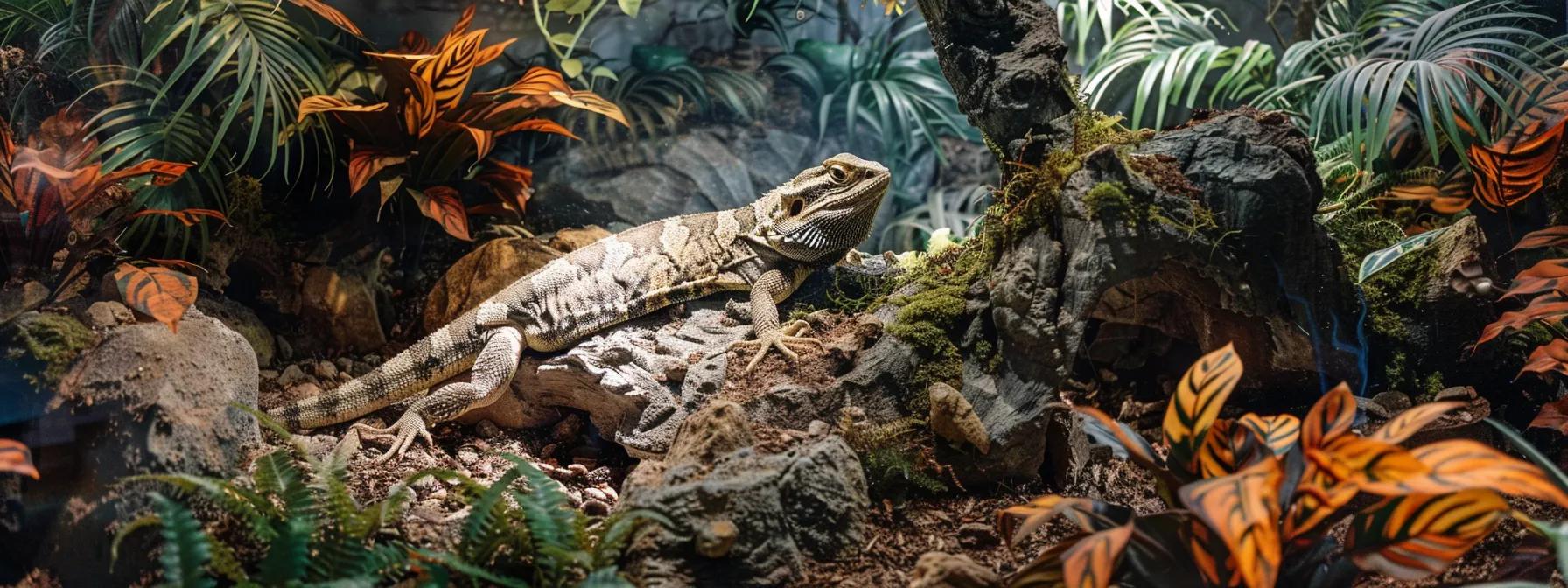 a meticulously arranged bearded dragon terrarium showcases optimal habitat conditions, complete with vibrant, artificial foliage and structured heating elements, emphasizing the critical factors influencing the reptile's lifespan in captivity.