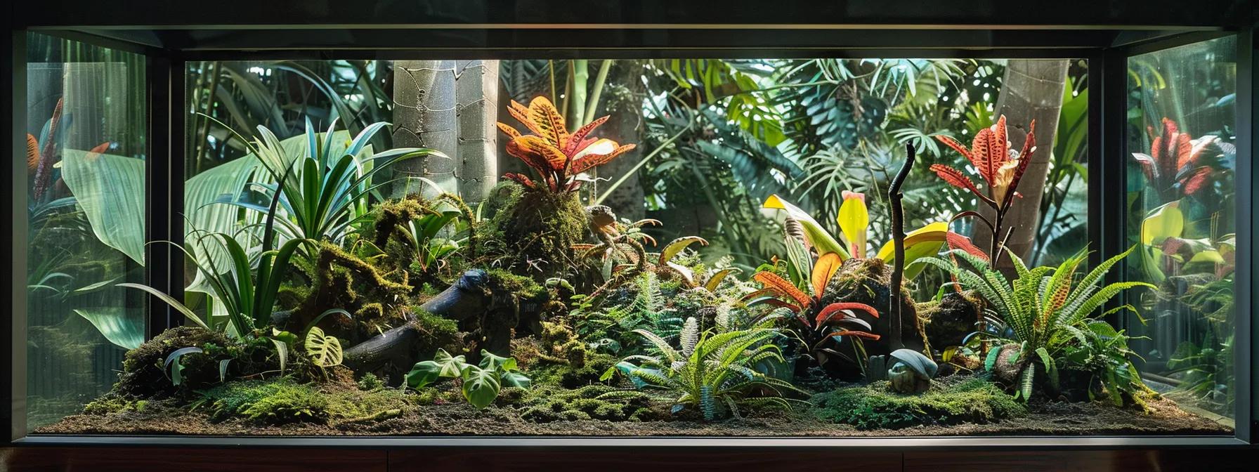 a meticulously arranged bioactive terrarium showcases vibrant live plants, layered substrates of coconut fiber and moss, and essential decomposers within a sleek glass enclosure, illustrating a self-sustaining reptile habitat in a modern indoor setting. a meticulously arranged bioactive terrarium showcases vibrant live plants, layered substrates of coconut fiber and moss, and essential decomposers within a sleek glass enclosure, illustrating a self-sustaining reptile habitat in a modern indoor setting.