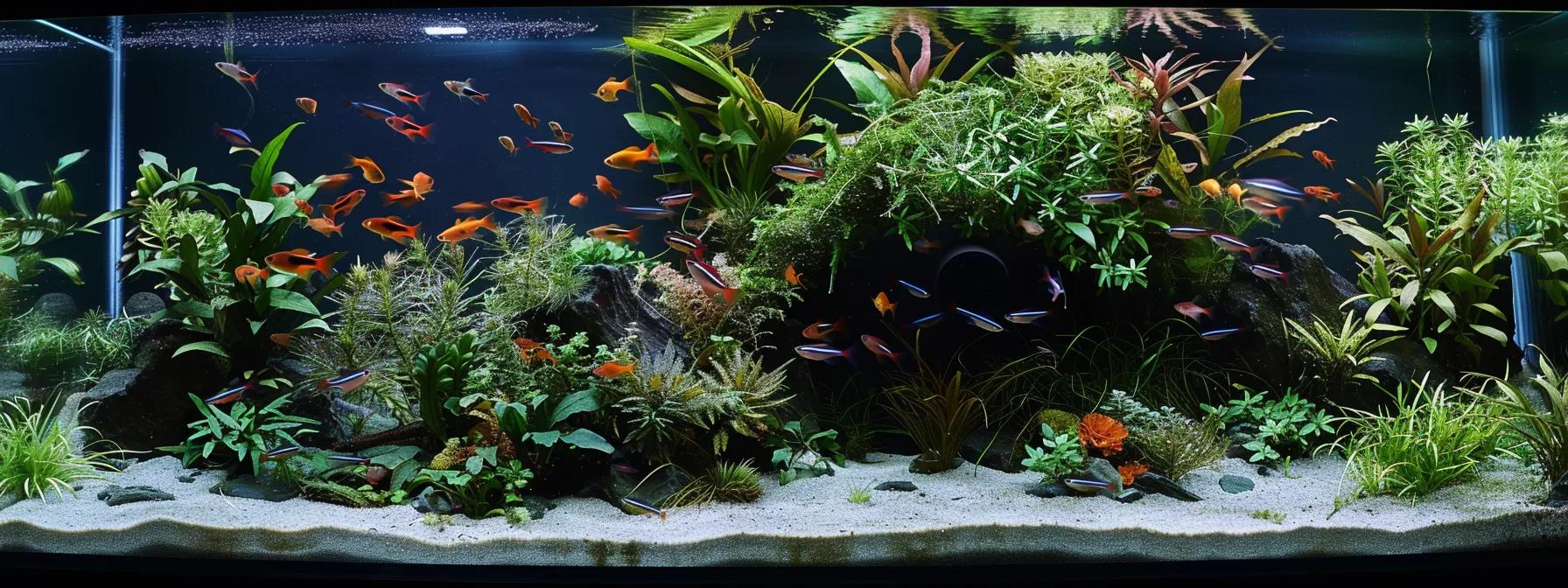 a meticulously arranged breeding tank with crystal-clear water, featuring vibrant fish nestled among decorative substrates and strategically placed hiding spots, illuminated by soft aquascape lighting to create an inviting atmosphere for spawning. a meticulously arranged breeding tank with crystal-clear water, featuring vibrant fish nestled among decorative substrates and strategically placed hiding spots, illuminated by soft aquascape lighting to create an inviting atmosphere for spawning.